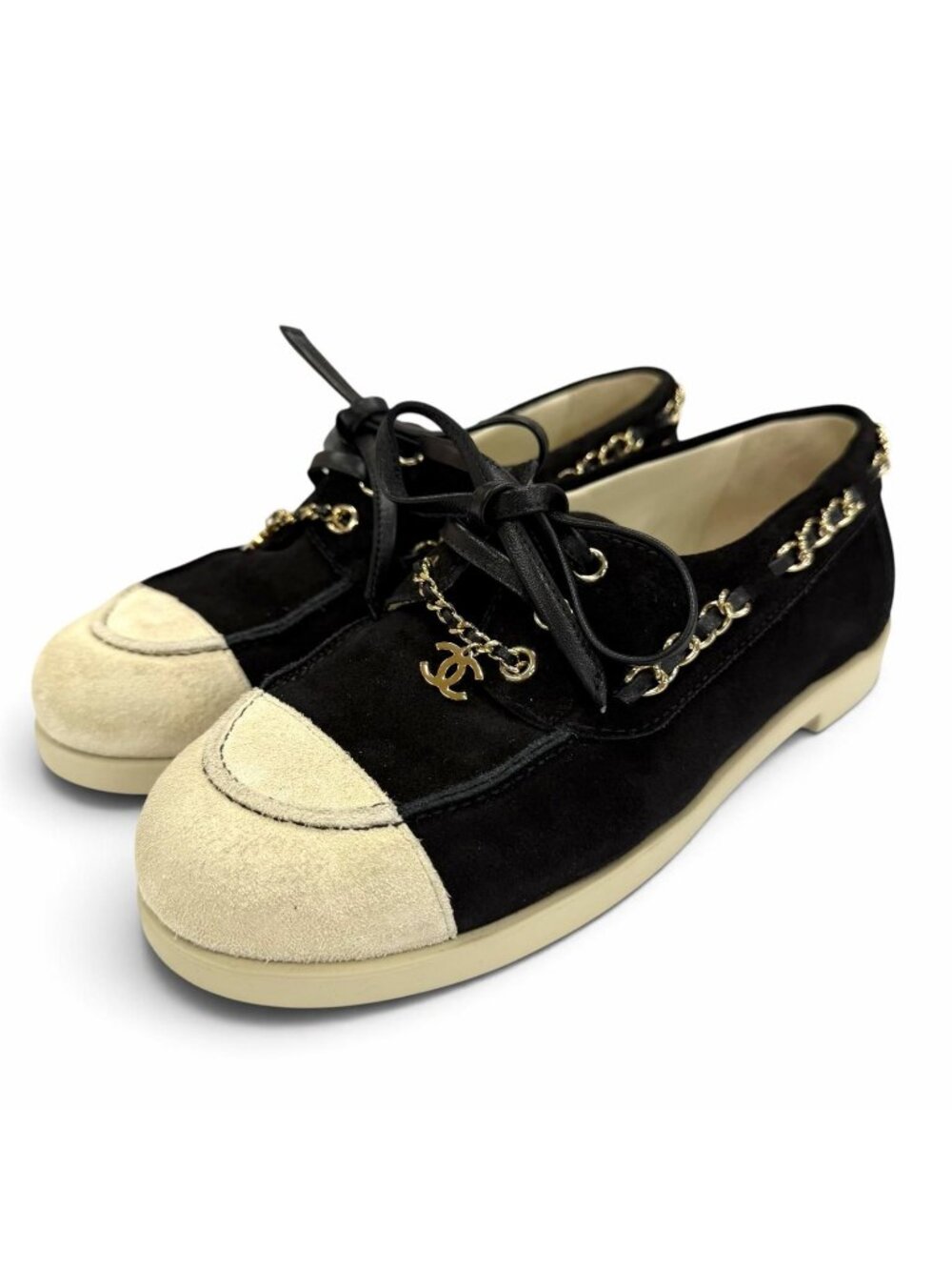 Chanel 25C CC Logo Chain Suede Leather Loafers Black Beige